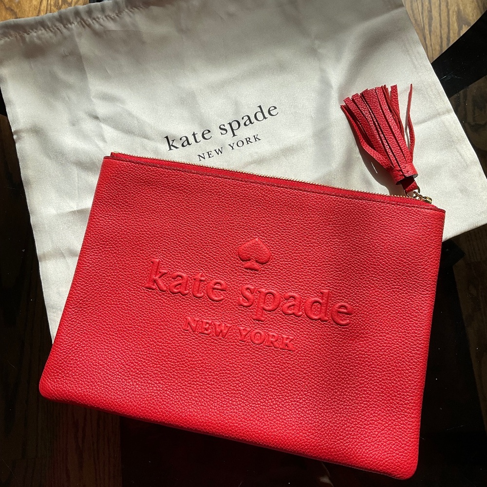 Kate Spade bright orange/red zippered clutch pouch never used- pristine gift